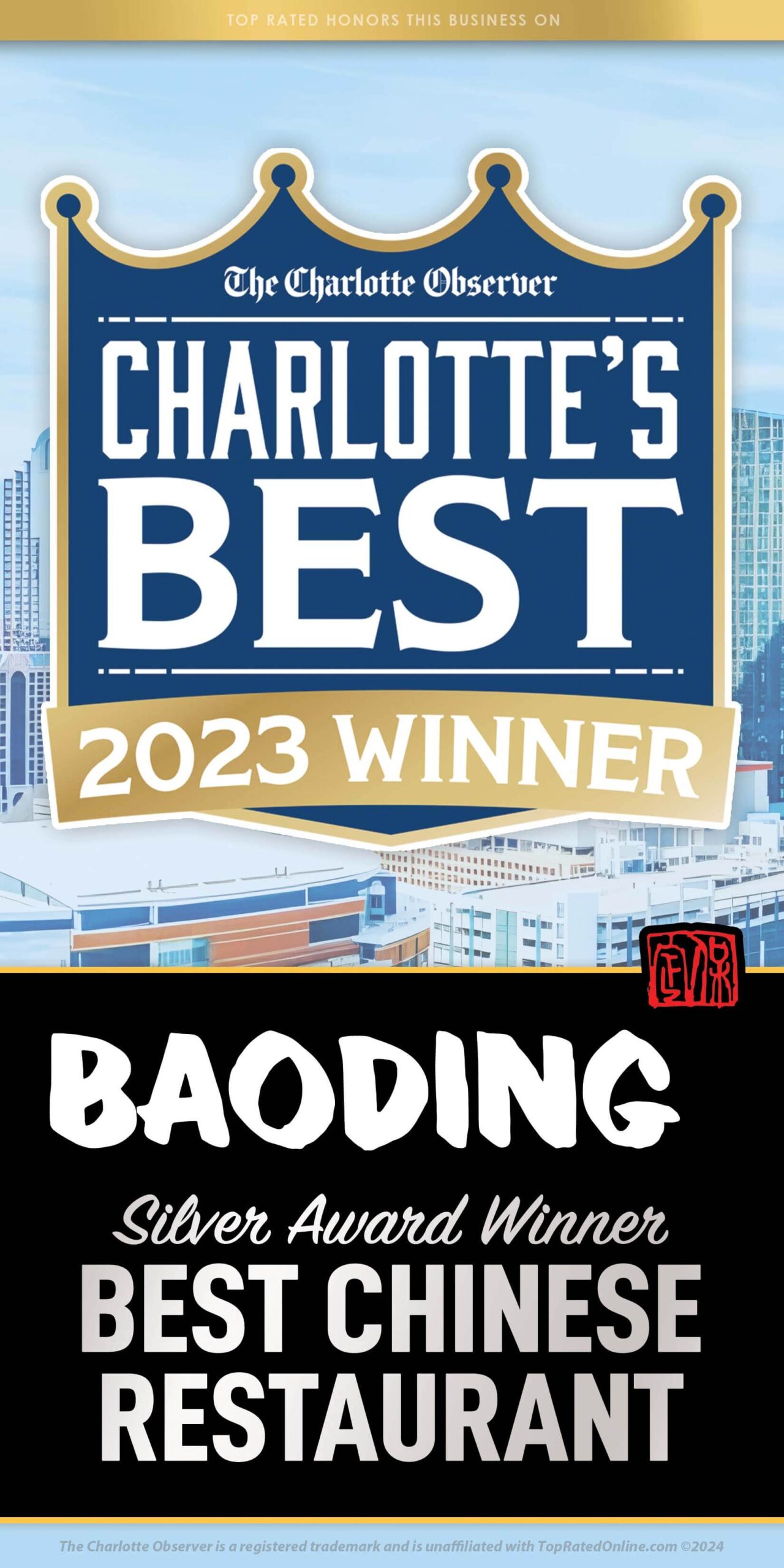 2023 The Charlotte Observer Charlotte's Best Silver Award Winner for Best Chinese Restaurant